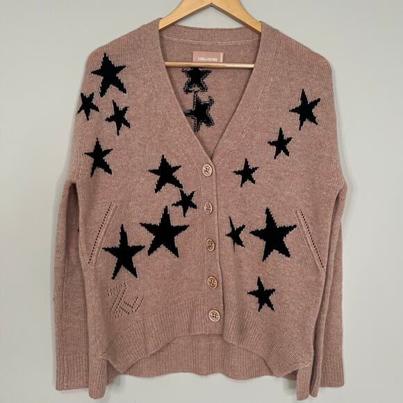 Zadig & Voltaire Mirka Stars Intarsia Blush Cashmere Cardigan Sweater Size XS - Picture 4 of 16